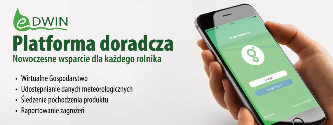 Platforma doradcza eDWIN jest już całkowicie dostępna! Na jasnoszarym tle widoczny jest obrazek telefonu oraz informacje o aplikacji doradczej eDWIN. Na dole są logotypy UE, flaga Polski, logo Polski Cyfrowej oraz logo eDWIN